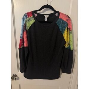 BiBi Womens Bandana Patchwork Raglan Sleeve Top Charcoal Grey Multi Color Medium